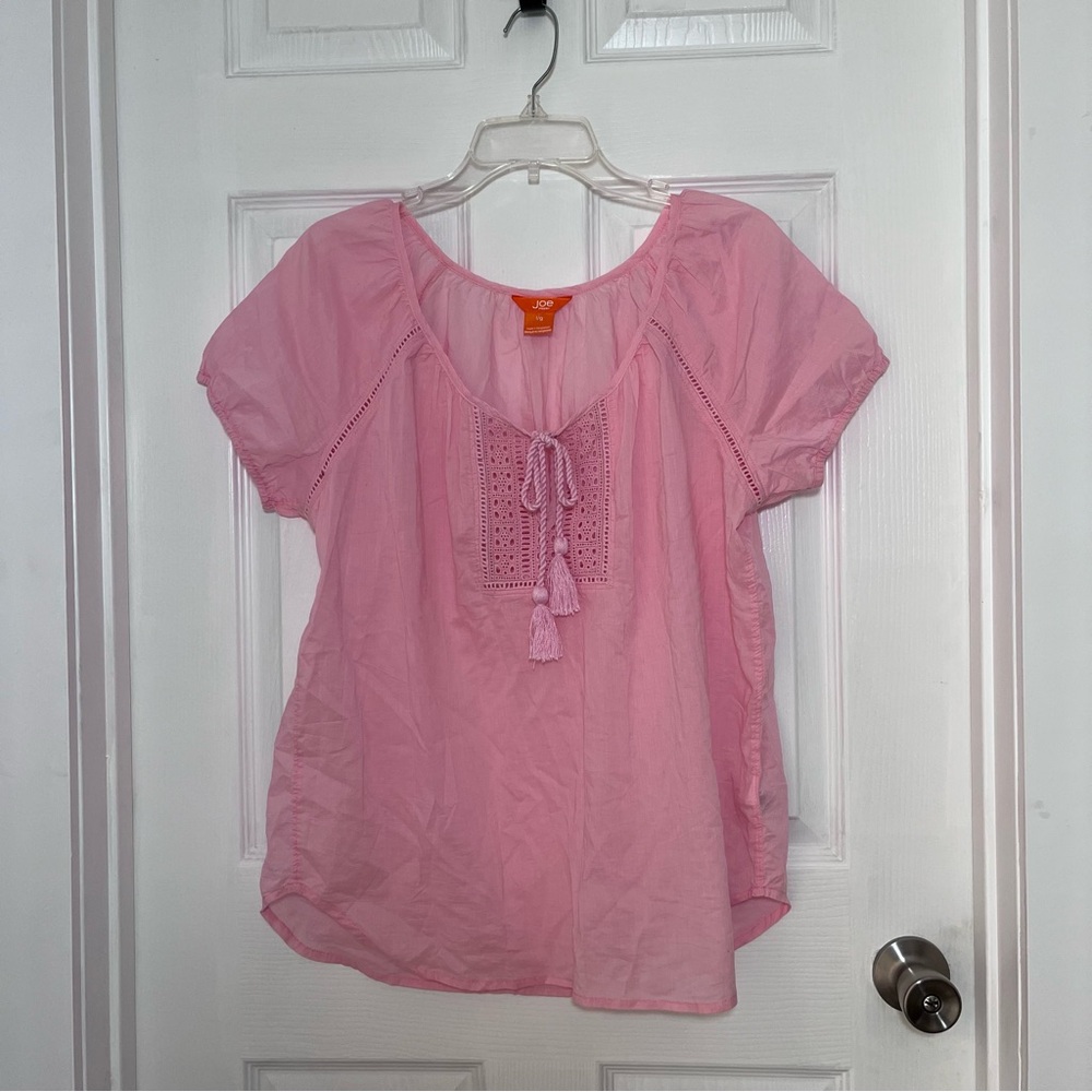 Joe Fresh Pink Peasant Tie-Front 100% Cotton Blouse